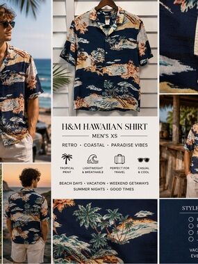 H&M Tropical Hawaiian Shirt XS Blue Alpha Beach Resort Vacation Coastal Grandpa